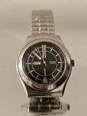 Vintage Swatch Silver Stainless Steel Watch with Black Dial